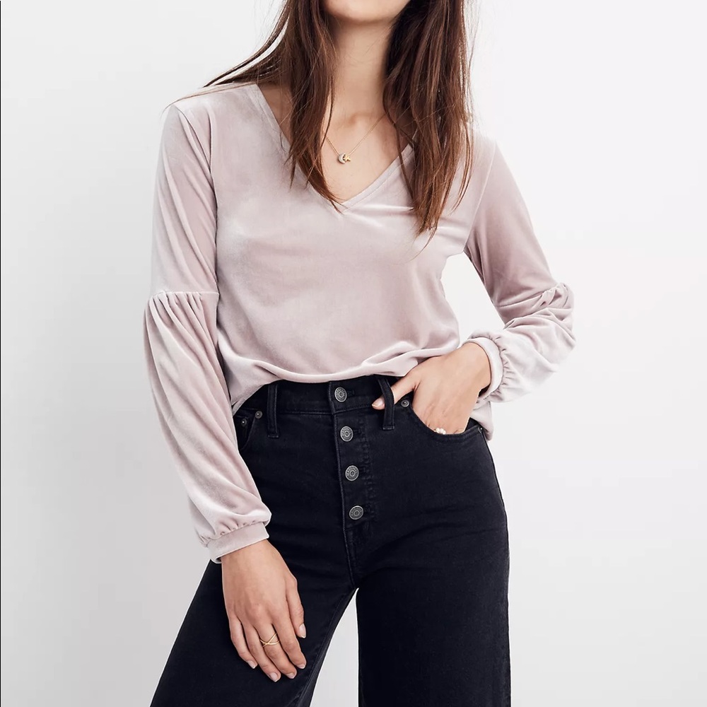 Madewell Dusty Pink Velvet V-Neck Long Sleeve Blouse